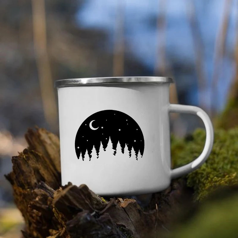 White mug with black forest  night design