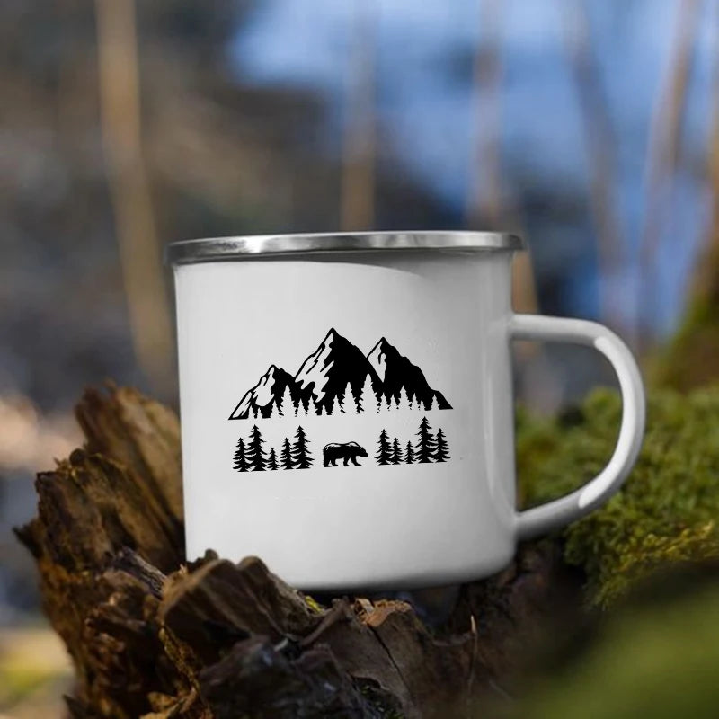 White mug with mountain and bear design 1