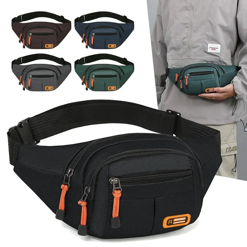 Black waist bag with orange zippers and accents, shown on a white background.