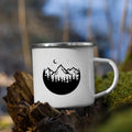 White mug with mountain and forest design, semi circle