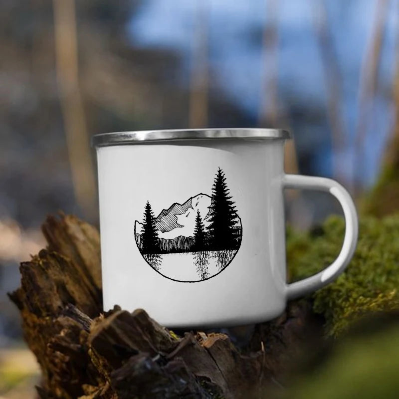 White mug with nature-themed circle