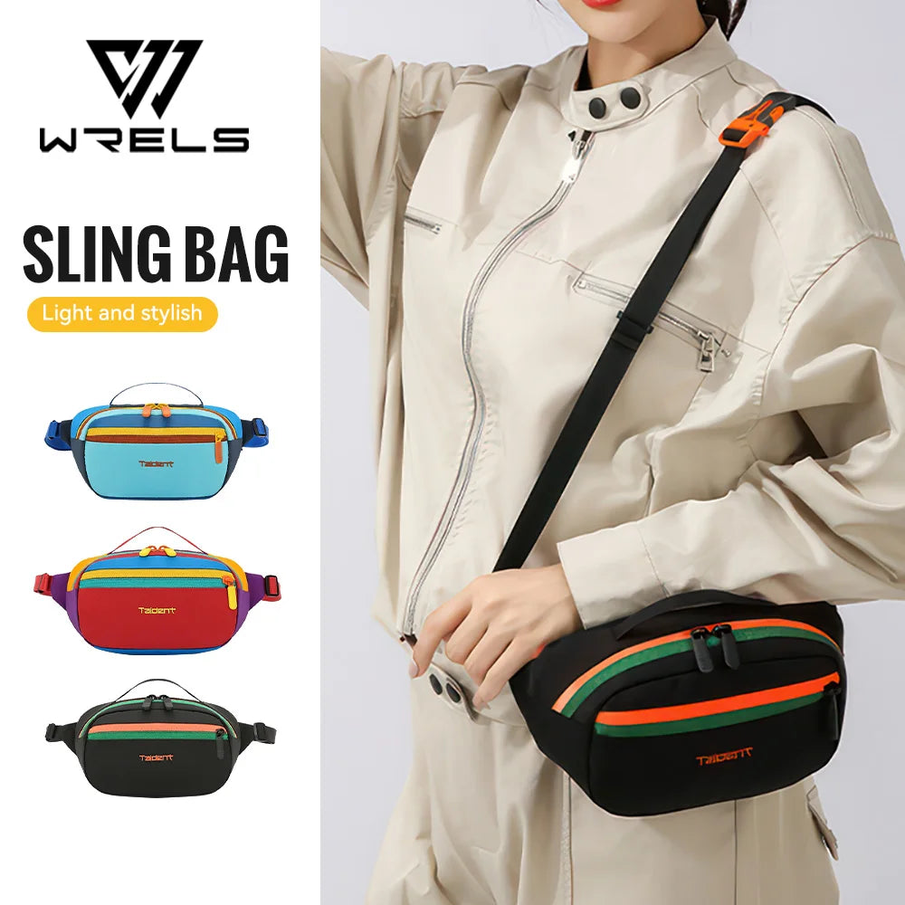 Person wearing a black sling bag with colorful stripes, WRELS brand visible