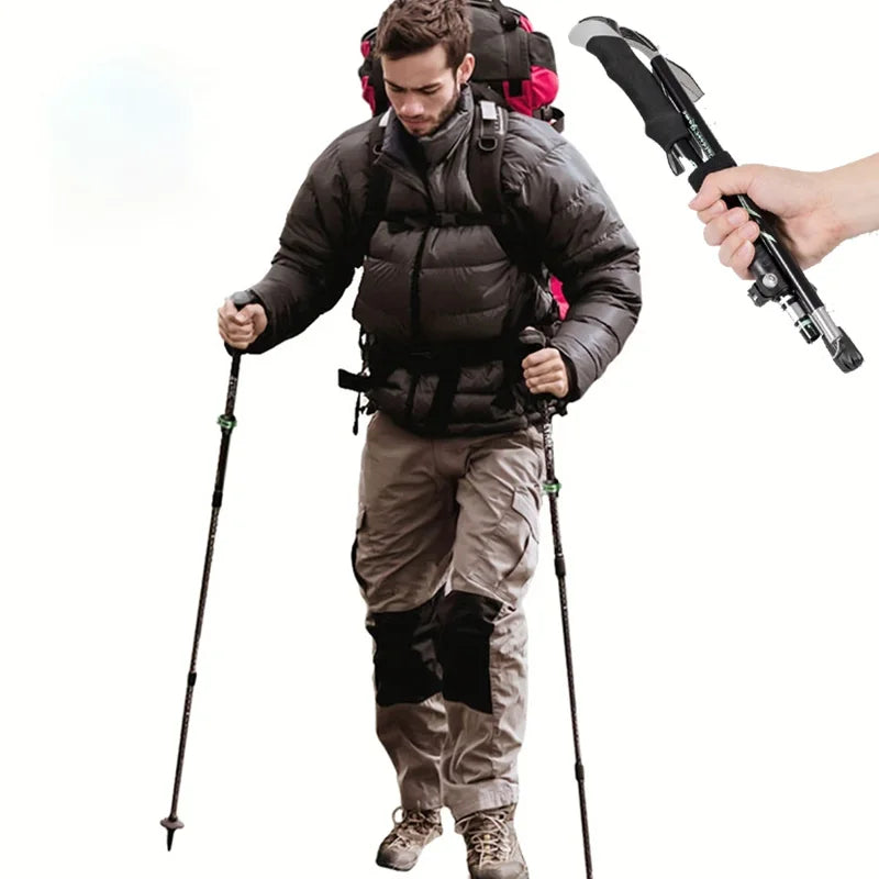 Man hiking with trekking poles and a backpack, close-up of trekking pole on white background