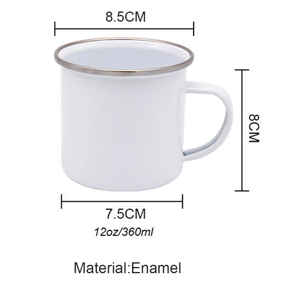 White enamel mug with dimensions and capacity details