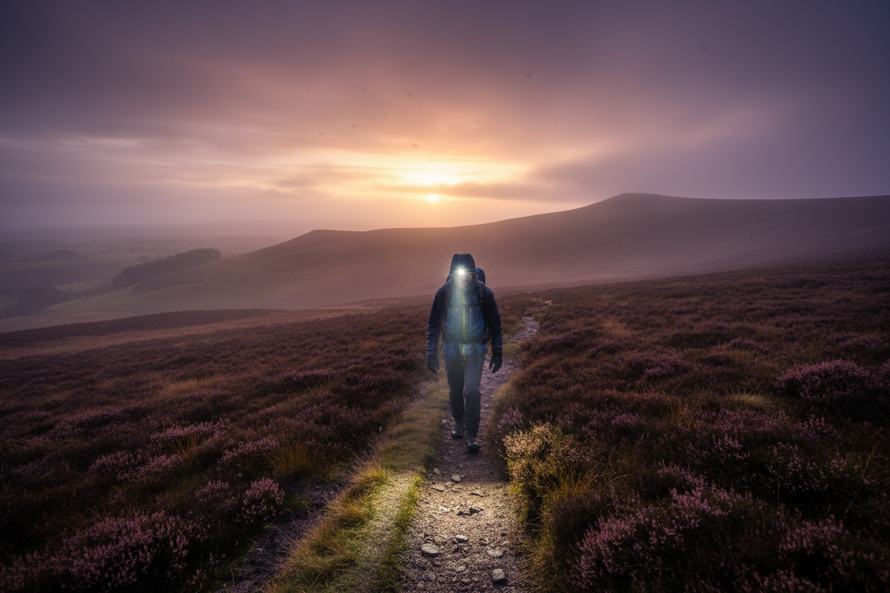 Hiker with LED headlight on Derbyshire Peaks at dusk
