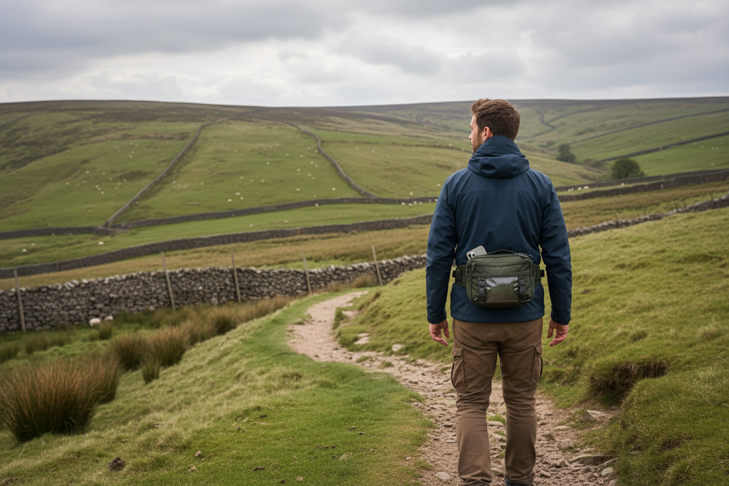 Hiker wearing a mobile waist bag on a Derbyshire Peak District trail with moorlands in the background