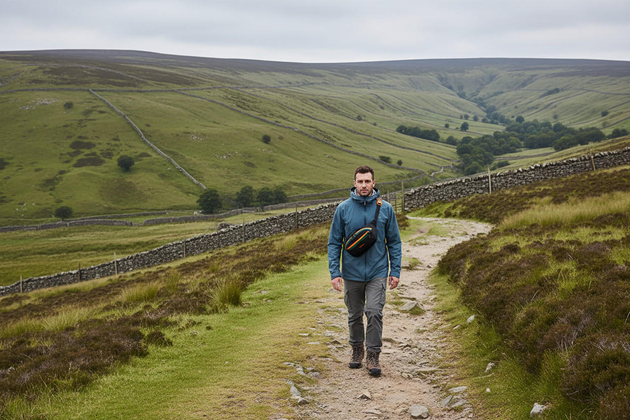 Man hiking with WRELS waist pack on Derbyshire Peaks